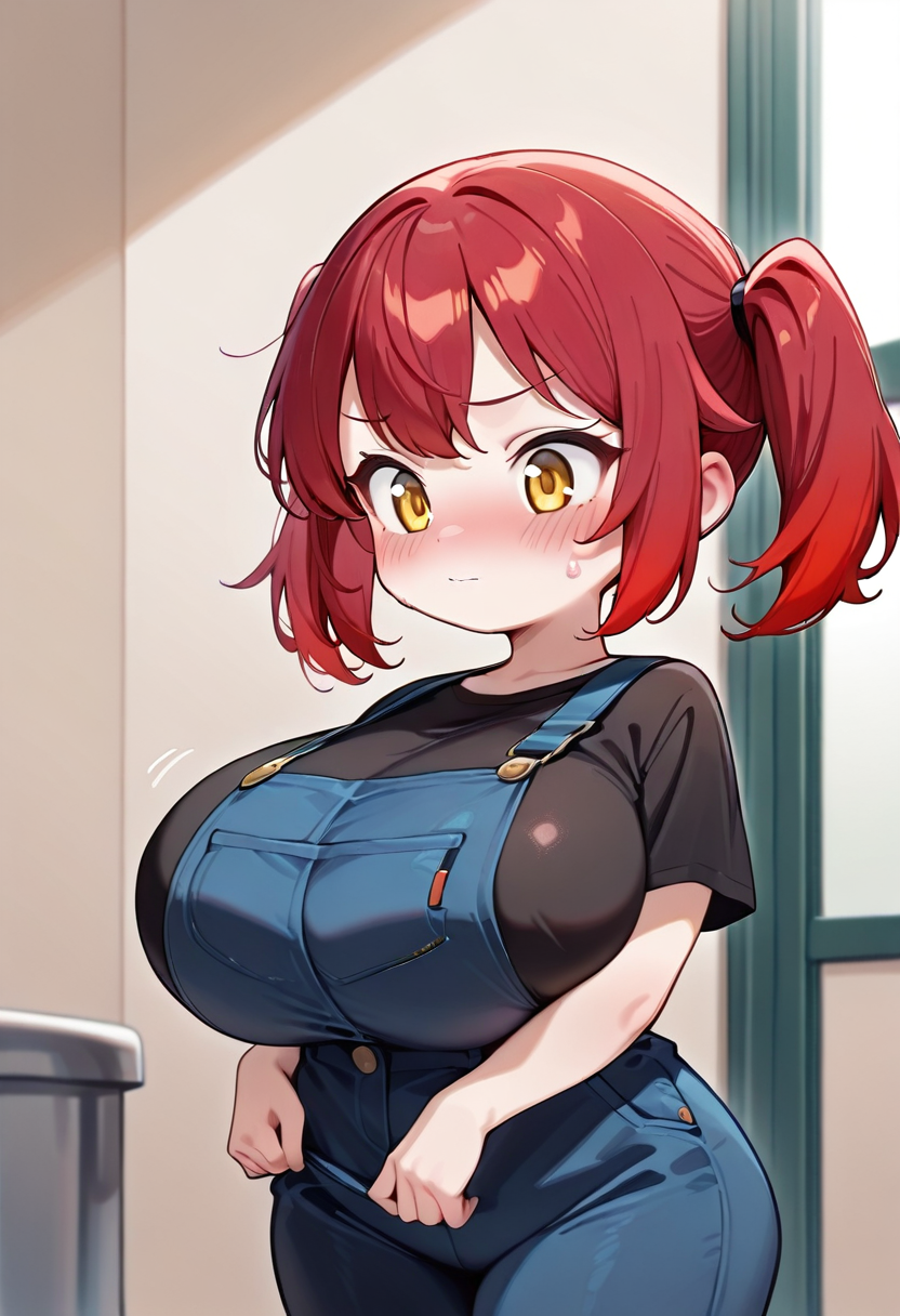 shortstack:, Red hair, twintail hair style, black shirt, short sleeve shirt, overalls, huge breast,