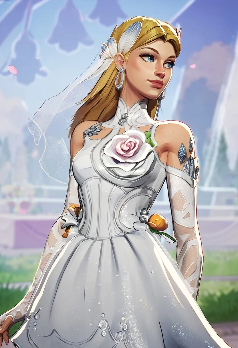 score_9, score_8_up, score_7_up, masterpiece, best quality, newest, absurdres, highres, solo, solo focus, female focus, SueStorm-Lifefantasticskin-V1.0, wedding dress, wedding veil, veil, white dress, short dress, blonde, bare shoulders, blue eyes, flower, jewelry, long hair, earrings, long hair, high heels, portrait, eye focus,