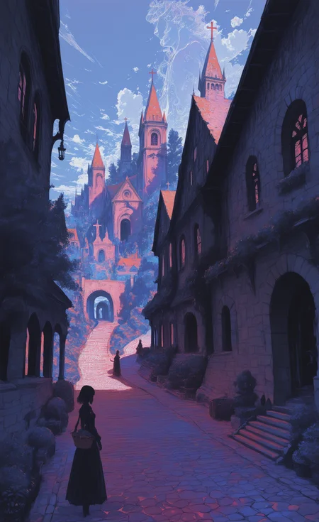 masterpiece, best quality, amazing quality, highres, 1girl, solo, outdoors, sky, day, cloud, tree, window, plant, cross, building, scenery, stairs, basket, bush, road, fantasy, architecture, house, statue, path, arch, church, town, pavement, stone floor, stone wall, chimney, cobblestone, limited palette, sketch, psychedelic, <lora:illustriousXL_stabilizer_v1.23:0.3> <lora:NOOB_vp1_detailer_by_volnovik_v1:0.3> <lora:ponyv6_noobE11_2_adamW-000017:0.3> <lora:XXX667:0.5> <lora:mon_monmon2133:0.6> <lora:114558v4df2fsdf5:0.7>