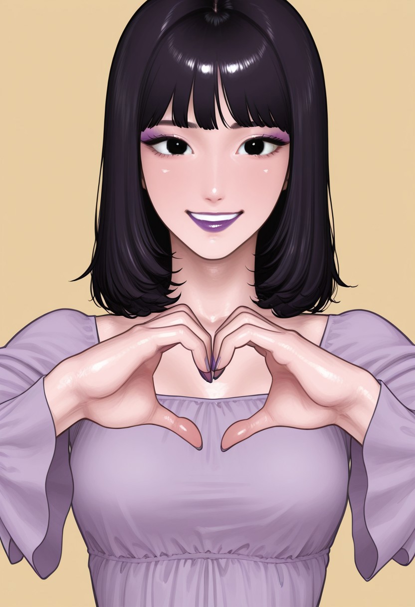 hspunch, ,  1girl, solo, medium build, medium hair, sfw, safe for work, covered skin, flowy dress,  black eyes, purple lipgloss, smiling, portrait, upper body, heart hands, foreshortening, detailed, newest,