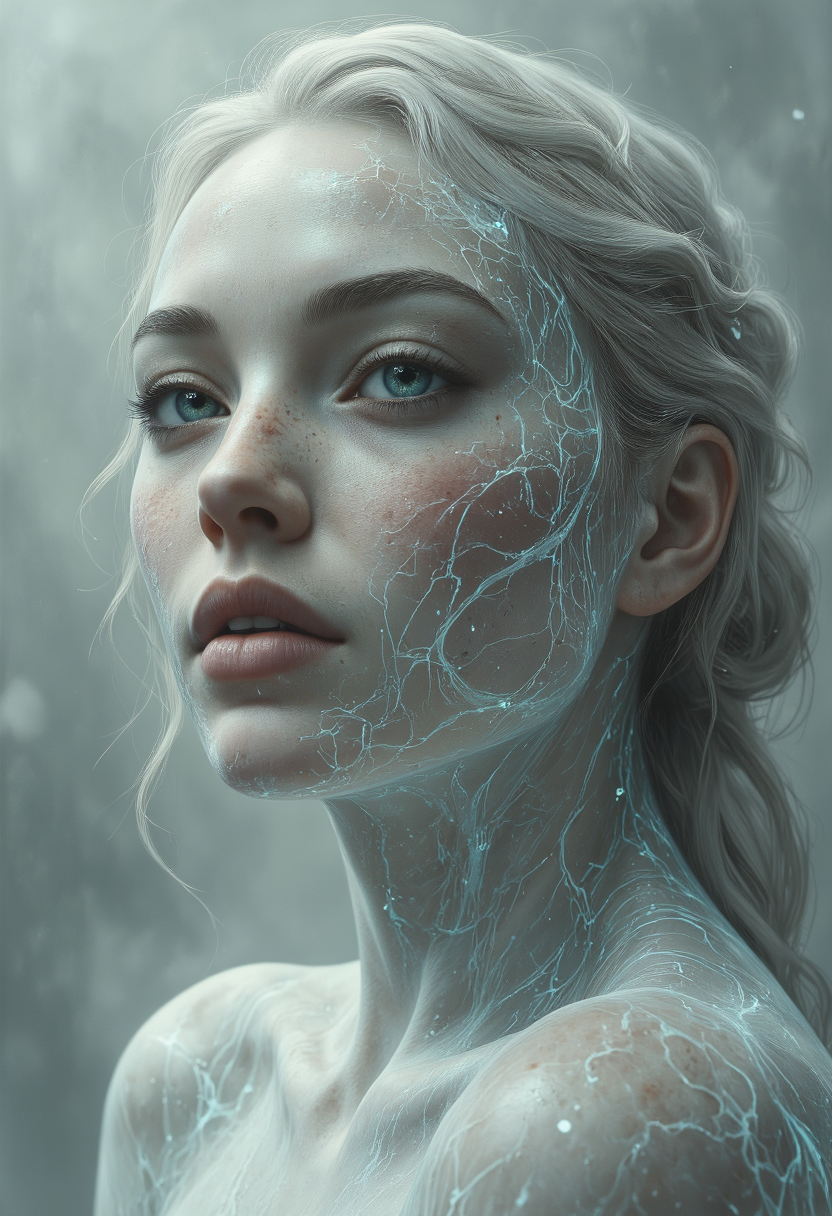 A very tight, 3/4 head-and-shoulders portrait of a woman with luminous, nearly translucent pale skin resembling smooth frosted glass. Her skin gently glows, illuminated softly from within. Beneath her skin, clearly visible, is a network of delicate bioluminescent veins emitting a soft, pale blue-white glow, starting at her forehead then tracing downward from her temples and cheeks then down along her neck and throat.  Her wide-open eyes are distinctly muted, icy-blue in color, clearly defined yet softly luminous. Her facial featuresâeyebrows, cheekbones, temples, and jawlineâare subtly defined by gentle shadows and delicate highlights, creating an ethereal, porcelain-like appearance. Her thick, full platinum-white hair, which is loosely gathered on top of her head and then falls softly around her face, adding delicate strands of clearly defined texture.  Her full lips, nearly matching the pale tone of her luminous skin, subtly highlighted and defined by soft shadows. she is looking off into the distance, her expression is lost and haunting. The background is a smooth, seamless gradient of cold silver, pale gray, and misty white, with no defined edges or recognizable shapes. The scene's lighting is soft, even, and diffused, enhancing the delicate glow of her skin and internal luminescence, maintaining a gentle, ethereal aesthetic without harsh shadows or strong contrasts. <lora:Mezzotint_Artstyle_for_Flux_-_by_Ethanar:0.5500000000000002> <lora:SkoolDaze_Portrait_Style-000014:0.5500000000000002> <lora:illustration20FLUX20.XsbF:0.3500000000000001> <lora:cpa.LgFo:0.3500000000000001>