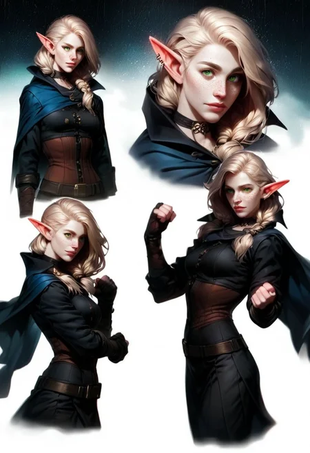 score_9, score_8_up, score_7_up, score_6_up, score_5_up, score_4_up,  <lora:Fant5yP0ny:0.8>, fantasy,
1girl, (elf:1.1), blonde hair, shoulder-length hair, (hair parted on side:0.9), (messy hair:0.8), green eyes, white skin, angular features, sharp features, monk, stern expression, piercing gaze, (blushing:0.1), nose, defined chin, (toned female, athletic, fit, biceps through clothes:1.2), defined jawline, defined cheeks, medium breasts, freckles,
intricate mon tattoos fully covering both arms,
(white:1.3) cloth tunic, (long sleeves), blue cape, leather corset, leather bracers, fingerless leather gloves, belt, black pants, [exposed shoulder],
(head turned towards viewer), looking at viewer, left arm bent at the elbow with fist close to her chest, right arm wrapped across torso clutching her left arm, holding fist, calm and serious expression,
(side view:1.2), cowboy shot, stormy background with rain falling around her, soft glowing particles, conceptart,multiple views,white background,simple background