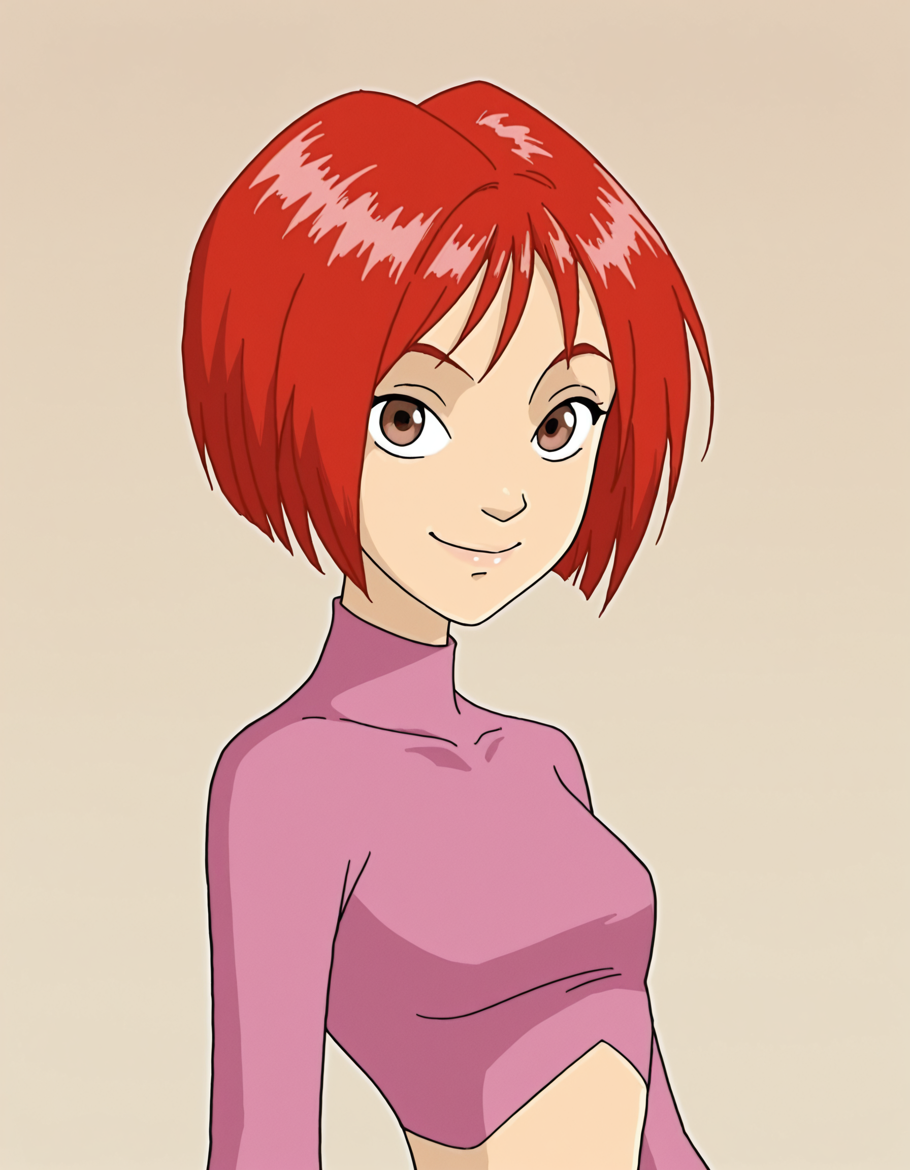 willvandom, red hair, short hair, 1girl, solo, long sleeves, brown eyes,  crop top, bob cut,pink shirt, turtleneck, looking at viewer,smile,upper body,portrait, masterpiece, best quality, amazing quality, very aesthetic, absurdres <lora:WillVandomIllustrious1.0JLFO:1> simple background,