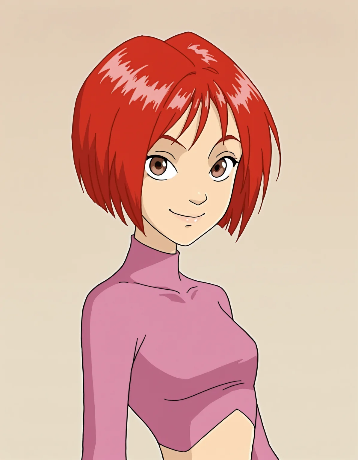 willvandom, red hair, short hair, 1girl, solo, long sleeves, brown eyes, crop top, bob cut,pink shirt, turtleneck, looking at viewer,smile,upper body,portrait, masterpiece, best quality, amazing quality, very aesthetic, absurdres <lora:WillVandomIllustrious1.0JLFO:1> simple background,