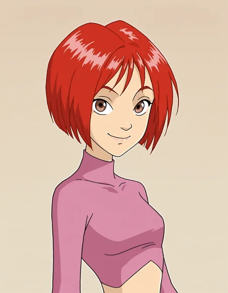 willvandom, red hair, short hair, 1girl, solo, long sleeves, brown eyes, crop top, bob cut,pink shirt, turtleneck, looking at viewer,smile,upper body,portrait, masterpiece, best quality, amazing quality, very aesthetic, absurdres <lora:WillVandomIllustrious1.0JLFO:1> simple background,