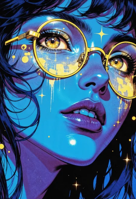 a close-up portrait of a person with a striking blue color palette. The subject has fair skin and is wearing round glasses with reflective yellow symbols on the lenses. The facial features are detailed, with a focus on the eyes and lips. The hair is dark and appears wet, cascading down the sides of the face. The background is a deep blue, complementing the overall color scheme. The artwork has a futuristic and neon aesthetic, with additional yellow symbols and patterns scattered across the face and background, enhancing the visual impact.