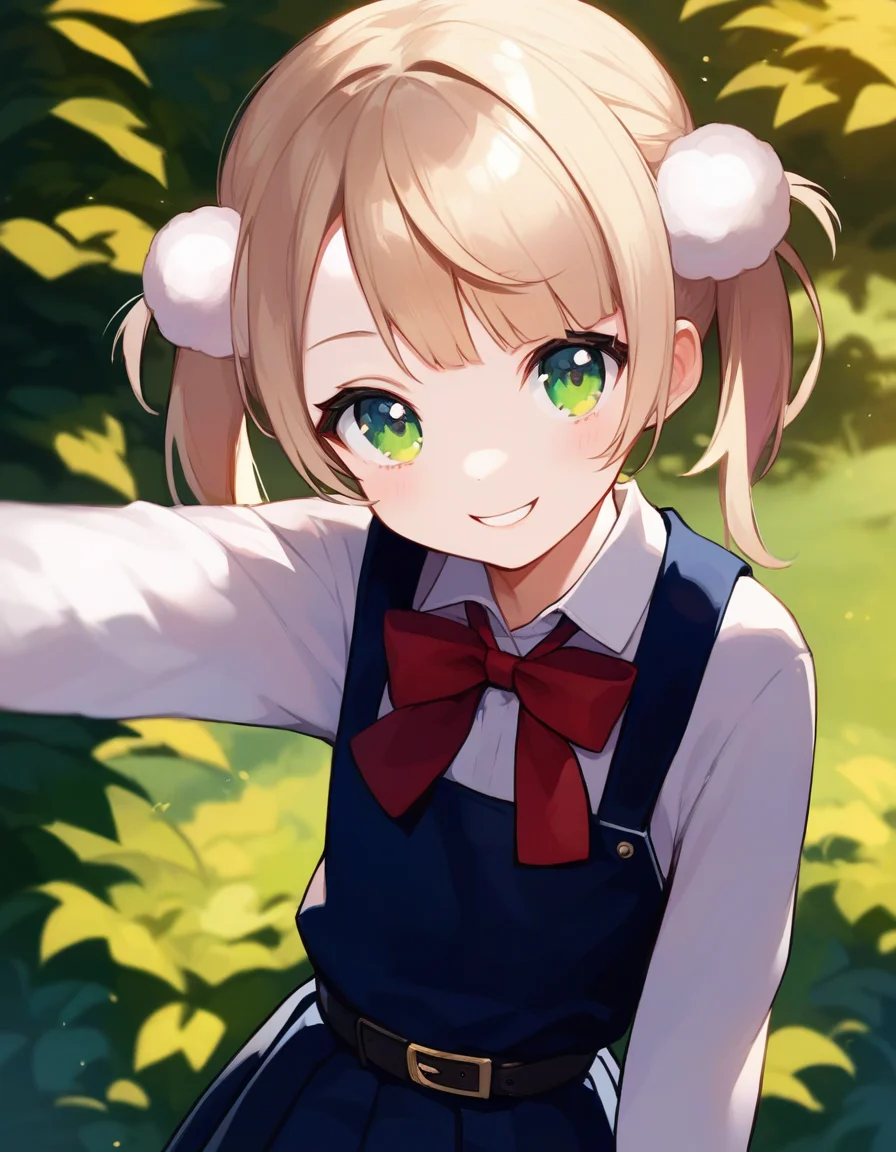 score_9,score_8_up,score_7_up,score_6_up BREAK official art,solo,outdoors,upper body,(portrait:1.5),looking at viewer,facing viewer,smile,aged down,child,shigure ui (vtuber),short hair,light brown hair,twintails,pom pom hair ornament,hair intakes,bangs,green eyes,school uniform,red bow,collared shirt,white shirt,long sleeves,belt,black dress,sleeveless dress,pleated dress,pinafore dress,flat chest,kneehighs,white socks,black footwear,uwabaki,<lora:Shigure Ui(vtuber)-Pony:1.4>,<lora:Smooth Anime Style LoRA XL:0.8>,