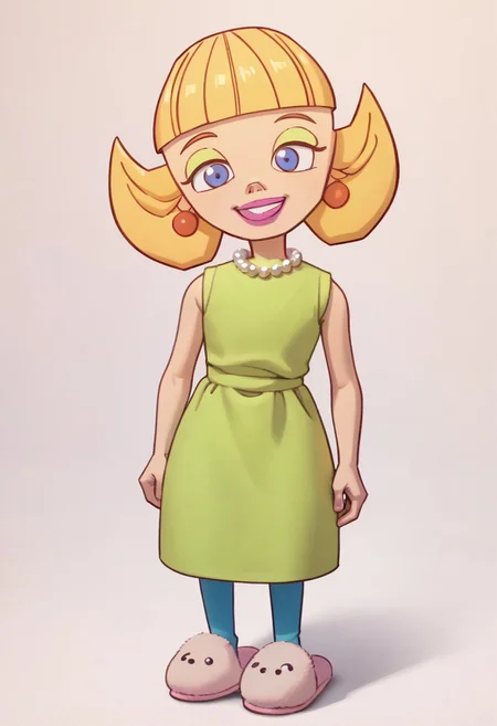 score_9, score_8_up, score_7_up BREAK LoopyMom, 1girl, blonde hair, blunt bangs, blue eyes, green eyeshadow, pink lipstick, orange pearl earrings, white pearl necklace, sleeveless green dress, blue leggings, pink slippers, smiling at viewer, full body,