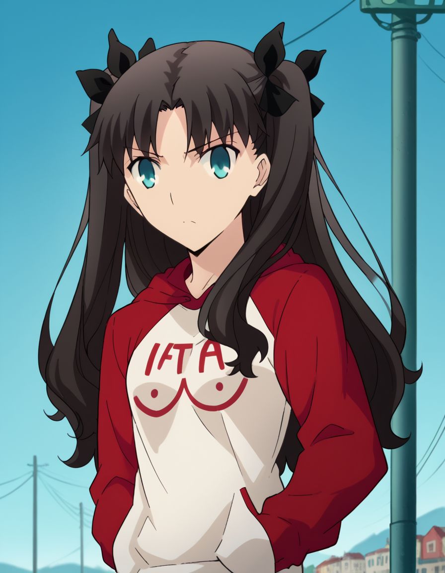 score_9, score_8_up, score_7_up, source_anime, rintohsaka, <lora:rin-tohsaka-ubw-ponyxl-lora-nochekaiser:1>, rin tohsaka, aqua eyes, black hair, hair ribbon, long hair, ribbon, sidelocks, two side up, parted bangs,, <lora:oppai-hoodie-ponyxl-lora-nochekaiser:1>, oppai hoodie, hoodie, raglan sleeves, clothes writting, hands in pocket,, outdoors, street,, cowboy shot, dutch angle, solo,