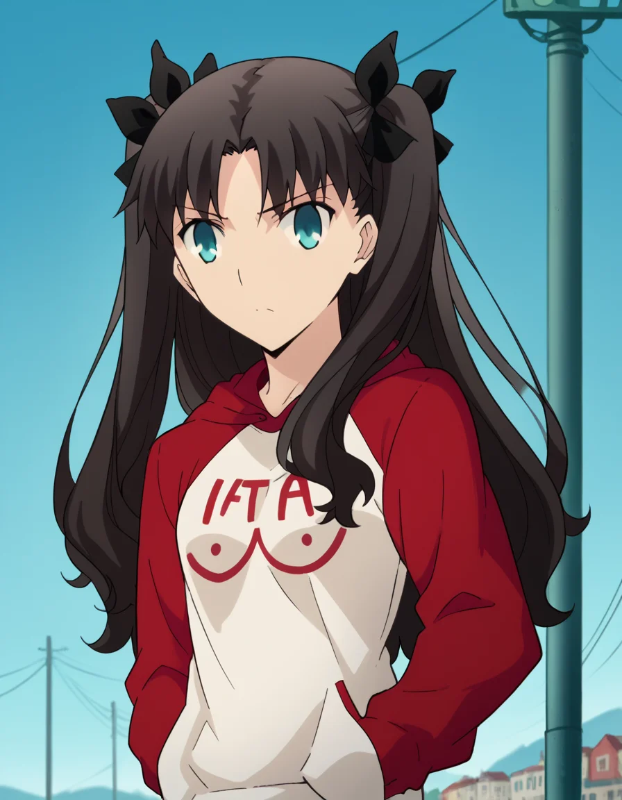 score_9, score_8_up, score_7_up, source_anime, rintohsaka, <lora:rin-tohsaka-ubw-ponyxl-lora-nochekaiser:1>, rin tohsaka, aqua eyes, black hair, hair ribbon, long hair, ribbon, sidelocks, two side up, parted bangs,, <lora:oppai-hoodie-ponyxl-lora-nochekaiser:1>, oppai hoodie, hoodie, raglan sleeves, clothes writting, hands in pocket,, outdoors, street,, cowboy shot, dutch angle, solo,