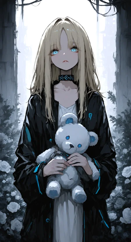 masterpiece, best quality, good quality, very awa, very aesthetic, absurdres, newest, 1girl, solo, blonde hair, blue eyes, brown pupils, collarbone, hair intakes, long hair, parted bangs, black jacket, open jacket, jacket, three-quarter sleeves,
holding, holding stuffed toy, looking at viewer, parted lips, day, flower, grey flower, infection monitor (arknights),plant, stuffed animal, stuffed toy, teddy bear, Cinematic Lighting <lora:NOOB_vp1_detailer_by_volnovik_v1:0.35> <lora:noobai_ep11_stabilizer_v0.138_fp16:0.5> <lora:ponyv6_noobV1_2_adamW-000017:0.7> <lora:r17329_illuu:0.6> <lora:绪å¿_åæ¶æå¾å
影质æå¢å¼ºV3:0.4>