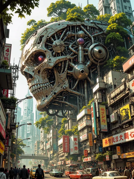 in the style of blade runner and star wars and studio ghibli and moebius, fantastic, ultra detailed, hyper-realistic, photo-realistic, highly detailed, cyberpunk, science fiction, a high-resolution photograph taken from a low-angle perspective, capturing a bustling urban scene with a massive, futuristic, industrial structure dominating the background. the structure is an enormous, complex network of interconnected mechanical components, pipes, and conduits, resembling a massive spaceship. the structure is covered with lush green plants, adding a striking contrast to its metallic, industrial appearance. the foreground is filled with a busy street scene, featuring various vehicles, including cars and buses, and numerous pedestrians. a slight haze in the distance adds depth to the scene. the background reveals a densely packed cityscape with tall buildings, some of which have a futuristic design, contributing to the sci-fi aesthetic. the colors in the image are vibrant, with a mix of grays, blacks, and metallic tones from the machinery, contrasted by the greenery and the bright urban environment and colorful accents in form of the cars, shop signs or clothing of the pedestrians. the overall composition is dynamic, with the towering structure drawing the eye upwards, while the street scene below adds a sense of scale and activity. the photograph captures a blend of futuristic sci-fi and modern urban elements, creating an intriguing and visually engaging scene, landed spaceship, taupe and sea green and red and anthrazit grey and imperial purple and night blue, dramatic lighting, dappled lighting, intricate details, professional artwork, ovg, motion blur, mythp0rt, niji_flux, <lora:style-retro_anime-flux-by_lizardman245:0.24> <lora:dynamic_blur_effect-flux-by_yelvti:0.64> <lora:style-mythic_fantasy-v2-flux-by_velvets:0.64> <lora:epic_gorgeous_details-balance-flux-by_flyway:0.36> <lora:style-niji-flux-by_macro:0.52>