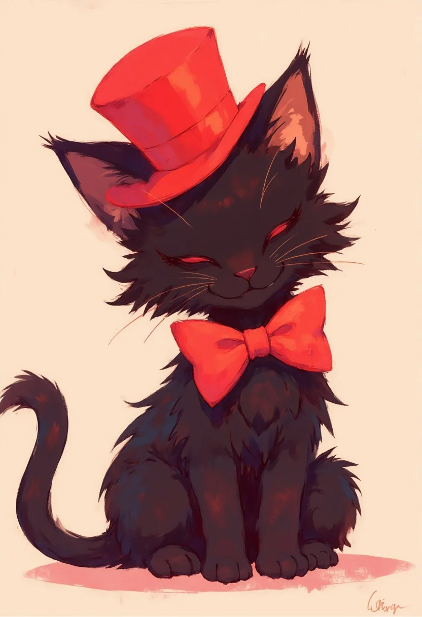 A black kitty wearing a tophat and a red bowtie. soft pastel anime