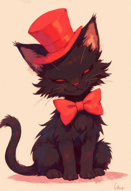 A black kitty wearing a tophat and a red bowtie. soft pastel anime