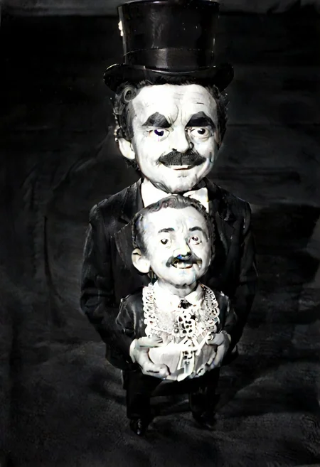 ((((((black and white,eyestalks)))))),((small man with mustache, top hat, kenbis, chibi, chibi, male only, male, male chibi, monocle, art deco, thick mustache, comically large mustache, handlebar mustache, tiny, multiple men, shrunk, microxl, some little guys, high angle, from above)), bwMovies, realistic, photo, vintage photo, ((very small man, small man, a small man, a man who is small, a small man)), an unapologetically small human male, black and white, smiling, very happy, euphoric, ecstatic, wonderful small men, large smile, huge smile