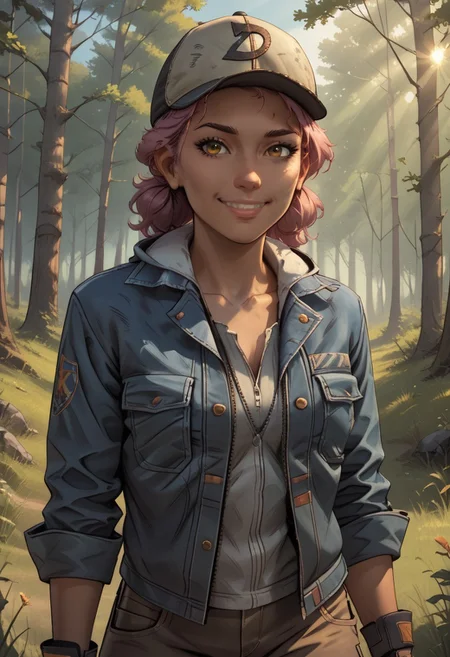 score_9, score_8, BREAK, solo, ,ClemTWD, dark-skinned female, dark skin, dark hair, short orange and pink hair, brown eyes, denim jacket, cargo pants, high boots, cap, sexy pose, self portrait, smile, outdoors, sunlight, shadows, evening lighting, natural lighting, forest, trees, grass, orange sky, sunset