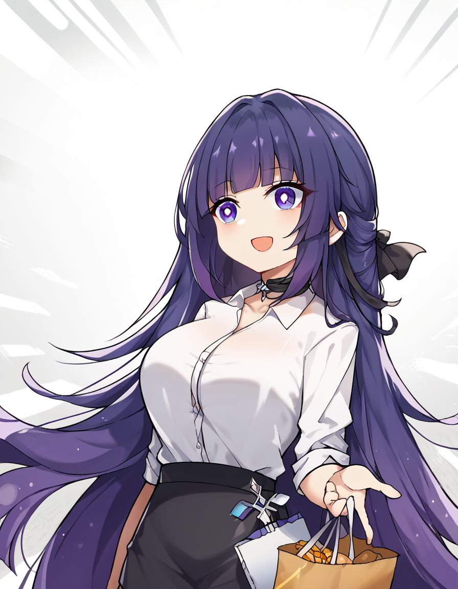 score_9, score_8_up, score_7_up, source_anime, <lora:raiden-mei-office-lady-ponyxl-lora-nochekaiser:1>, raiden mei, long hair, purple hair, bangs, purple eyes, blunt bangs, bangs, gradient hair, hair ribbon,, office lady, white shirt, shirt, pantyhose, skirt, black skirt, long sleeves, large breasts, choker, black choker, sleeves rolled up, grocery store, cashier, shopping bag, scanning items, small talk, everyday routine, , <lora:seyana-ponyxl-lora-nochekaiser:1> seyana, seyana (meme), gyari (imagesdawn) (style), sunburst background, sunburst, meme, emphasis lines, bright pupils, empty eyes, white pupils, smile, open mouth, looking at viewer, solo,, dutch angle, cowboy shot