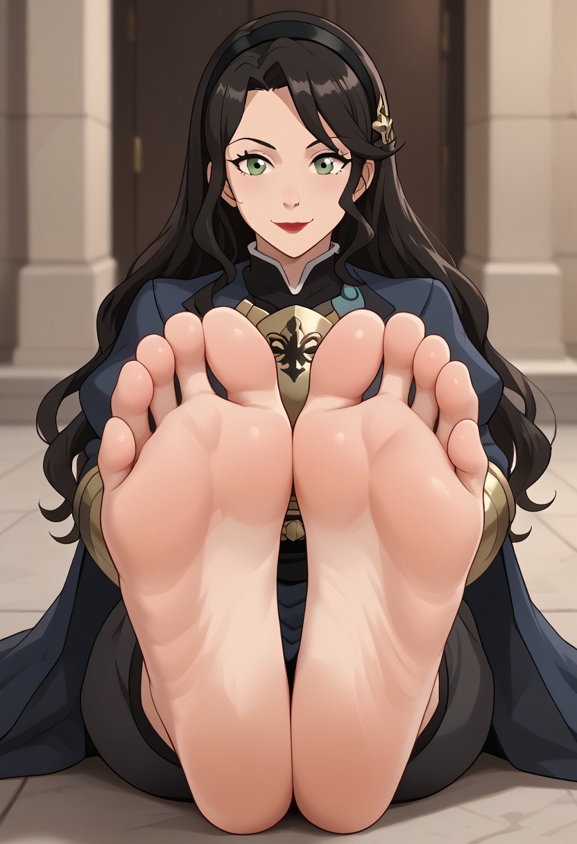 score_9, score_8_up, score_7_up, score_6_up, score_5_up, score_4_up, source_anime, BREAK, (masterpiece:1.4), (best quality:1.2), expressive eyes, perfect face, perfect anatomy, accurate anatomy, perfect feet, perfect soles, 1 girls, feet, soles, toes, foot focus, front view, smile, cute expression, clean feet, sitting, hands on ground, showing feet, barefoot,  PONYXL_WaifuFeetPics_ownwaifu, feet, perfect feet, soles, 4 toes in left foot, 4 toes in right foot, perfect anatomy, accurate anatomy, foot focus, feet, toes, sitting, AsamiSato, long hair, black hair, green eyes, red lips, Female_Corrin_(cosplay), black hairband, armored dress, armored pants, blue cape, puffy sleeves, juliet sleeves, vambraces, black gloves, barefoot, feet together, close up, feet close up