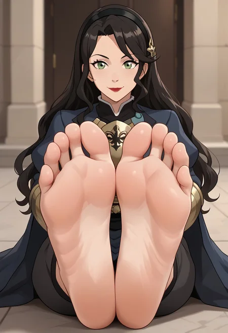score_9, score_8_up, score_7_up, score_6_up, score_5_up, score_4_up, source_anime, BREAK, (masterpiece:1.4), (best quality:1.2), expressive eyes, perfect face, perfect anatomy, accurate anatomy, perfect feet, perfect soles, 1 girls, feet, soles, toes, foot focus, front view, smile, cute expression, clean feet, sitting, hands on ground, showing feet, barefoot, PONYXL_WaifuFeetPics_ownwaifu, feet, perfect feet, soles, 4 toes in left foot, 4 toes in right foot, perfect anatomy, accurate anatomy, foot focus, feet, toes, sitting, AsamiSato, long hair, black hair, green eyes, red lips, Female_Corrin_(cosplay), black hairband, armored dress, armored pants, blue cape, puffy sleeves, juliet sleeves, vambraces, black gloves, barefoot, feet together, close up, feet close up