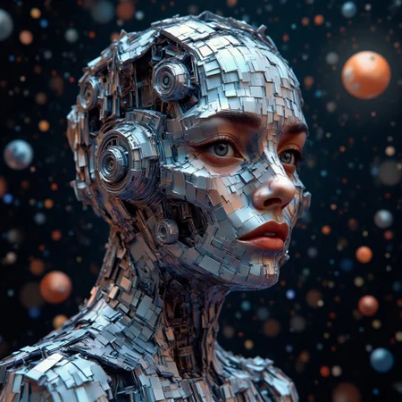 A close-up of a futuristic humanoid figure with a metallic, robotic appearance, similar to a cyborg, with a female face. The figure has intricate mechanical components, like gears and wires, embedded into the face and neck. The skin has a shiny, reflective surface with a blueish metallic hue, and the background is a starry night sky with distant planets visible. The expression is serious and intense, with deep shadows adding a dramatic effect to the overall composition.