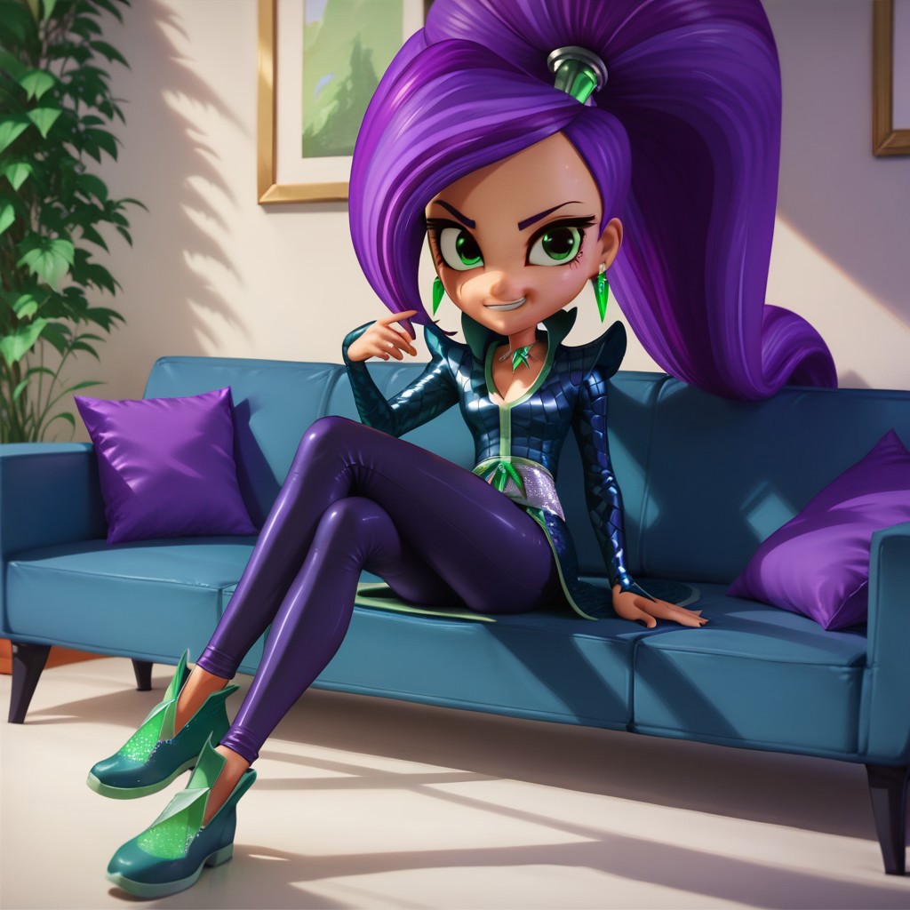 score_9, score_8, score_7, break, zeta_sh, 1girl, purple hair, long hair, ponytail, green eyes, earrings, necklace, purple leggings, sitting, sofa, smirk, looking at viewer