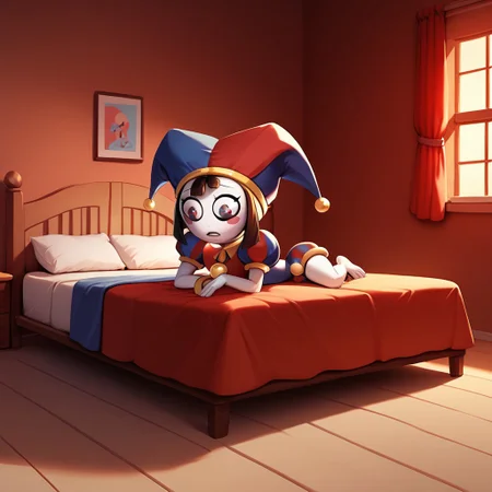 score_9, score_8_up, score_7_up, score_6_up, score_5_up, score_4_up, 1 girl
cartoon style, cartoony style,
pomni,jester cap,blush stickers
full body, bedroom, bookshelf, bed,