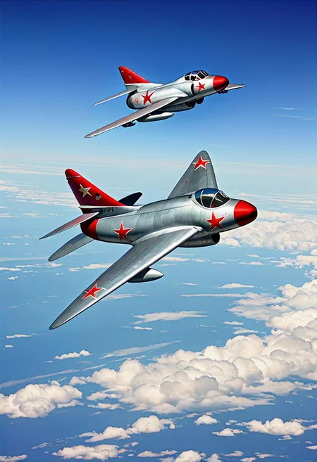 MiG-15, soviet jet fighter. jet, in the sky, soviet stars on wings