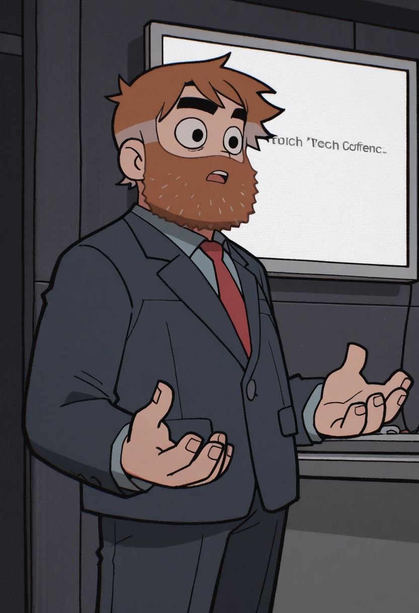 1boy, cowboy shot, suit, stage, tech conference, talking, dark, standing, talking, open hands, projection screen, white screen, slightly from side, open mouth,
BREAK
oldscottpilgrim, mature male, brown hair, short hair, full beard, black eyebrows, thick eyebrows, streaked hair, black eyes,
BREAK
best quality, masterpiece, very aesthetic, absurdres, highest detailed, <lora:Old_Scott_Pilgrim_from_Scott_Pilgrim_Takes_Off_v1.0_1702351:1>