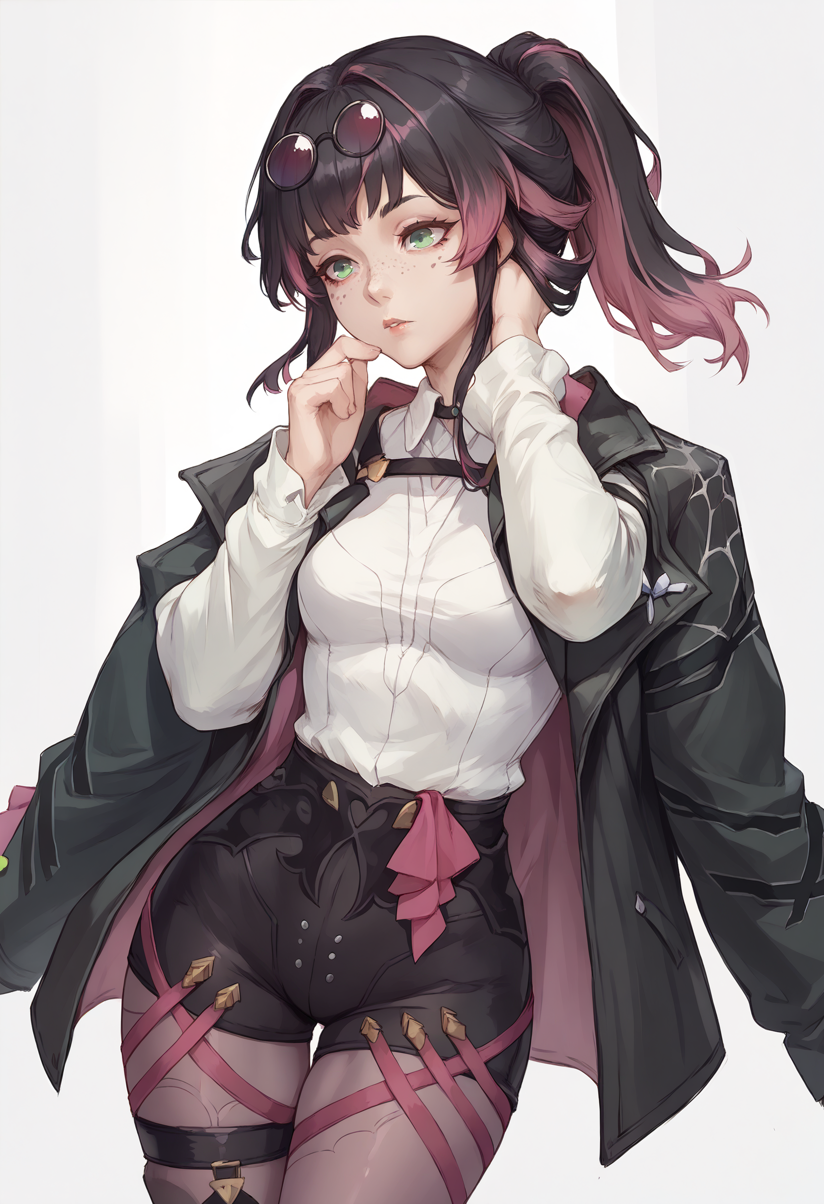 score_9, score_8_up, score_7_up BREAK solo, 1girl, clamKafka, black hair, pink dyed hair, ponytail, green eyes, freckles, eyewear on head, black jacket, white shirt, black shorts, purple pantyhose <lora:clamKafkaPDXL:1>