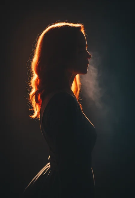 1girl, red hair, <lora:43stl1ght1ngXLP2:1>, low light, darkness, (smoke:0.6), <lora:add-detail-xl:1>, <lora:Art_Nouveau_Pony:0.35>,<lora:RBW-XL:0.45> RBW-XL <lora:dvr-trd:0.5> dvr-trd