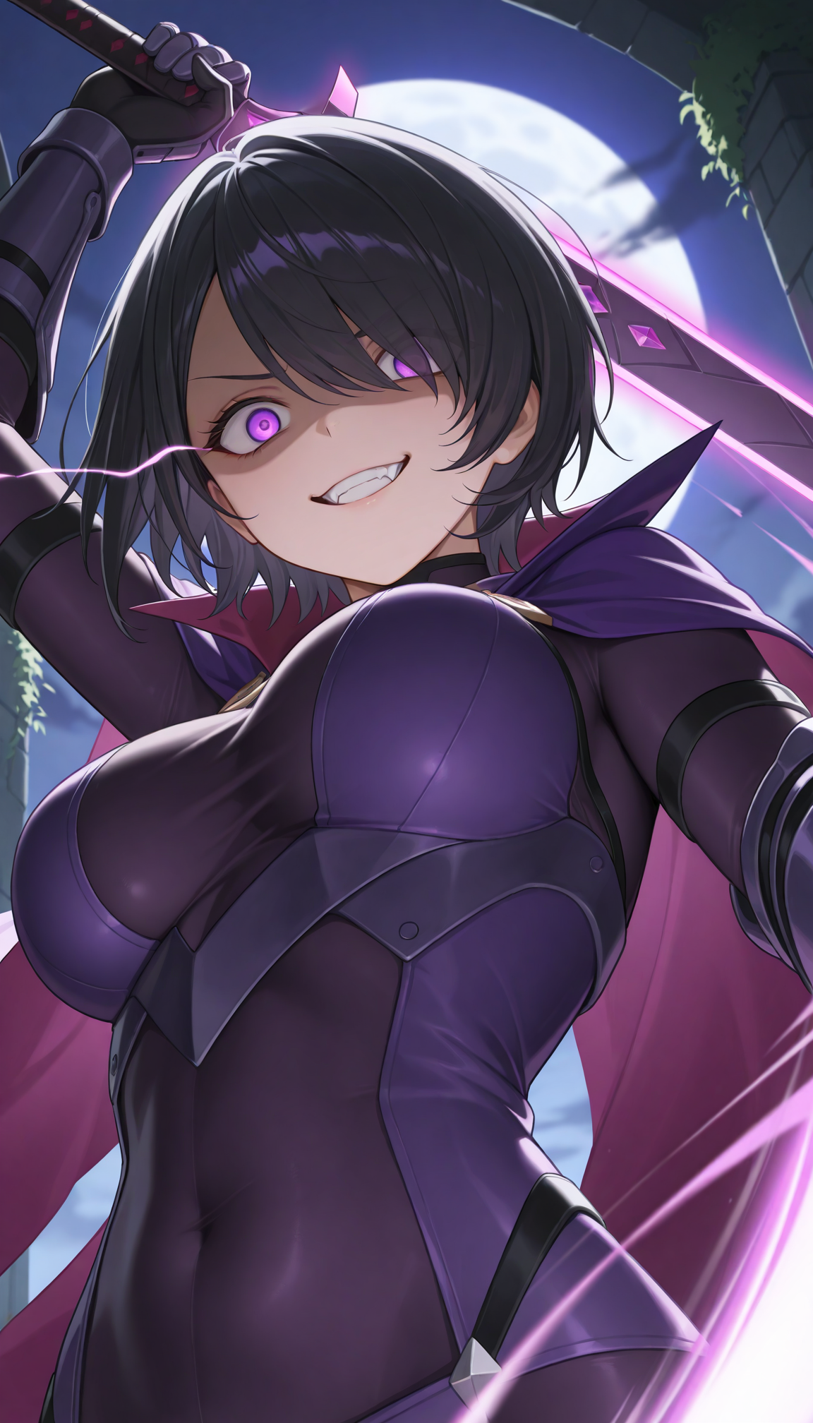 masterpiece, best quality, amazing quality, very aesthetic, high resolution, ultra-detailed, absurdres, newest, scenery, 1girl, v-shaped eyebrows, (shaded face:1.2), smug, (evil grin:1.2), crazy smile, fangs, teeth, wide-eyed, large breasts, short black hair with sideswept bangs, purple eyes, blank eyes, crazy eyes, eye trail, hair over one eye, detailed purple obsidian bodysuit, glowing purple cape, armored detailed purple gauntlets, overgrown stone temple, purple night sky with moon, fine fabric emphasis, dutch angle, from below, fighting stance, swinging glowing sword, (face focus:1.2), close-up, portrait, upper body, looking at viewer, (motion lines, attack trail:1.3), (fisheye, wide shot:1.2), BREAK, eyes, hands, fingers, detailed eyes, depth of field, volumetric lighting