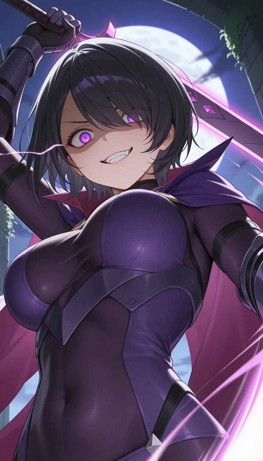 masterpiece, best quality, amazing quality, very aesthetic, high resolution, ultra-detailed, absurdres, newest, scenery, 1girl, v-shaped eyebrows, (shaded face:1.2), smug, (evil grin:1.2), crazy smile, fangs, teeth, wide-eyed, large breasts, short black hair with sideswept bangs, purple eyes, blank eyes, crazy eyes, eye trail, hair over one eye, detailed purple obsidian bodysuit, glowing purple cape, armored detailed purple gauntlets, overgrown stone temple, purple night sky with moon, fine fabric emphasis, dutch angle, from below, fighting stance, swinging glowing sword, (face focus:1.2), close-up, portrait, upper body, looking at viewer, (motion lines, attack trail:1.3), (fisheye, wide shot:1.2), BREAK, eyes, hands, fingers, detailed eyes, depth of field, volumetric lighting