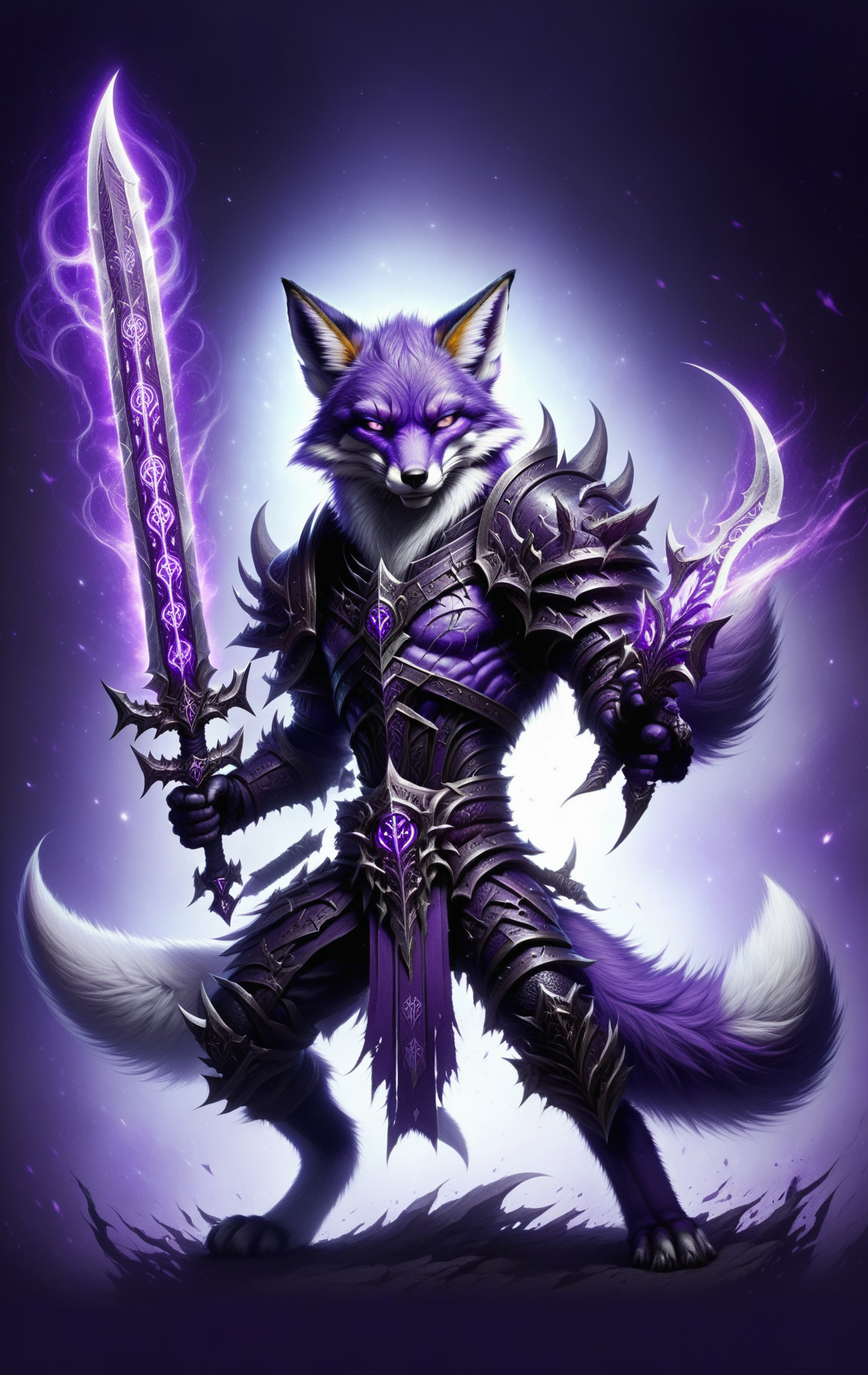 fox, death knight, DonMD34thKn1gh7XL wielding runeblade, purple glowing runes, dual sword, massive <lora:DonMD34thKn1gh7XL-v1.1-000010:0.8>