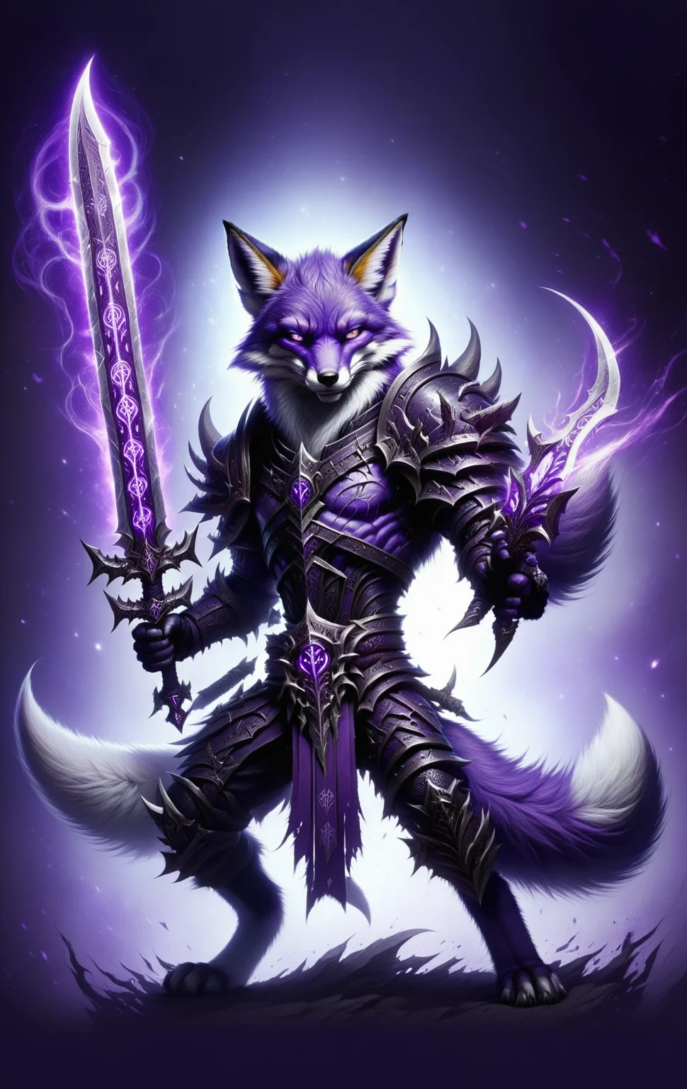 fox, death knight, DonMD34thKn1gh7XL wielding runeblade, purple glowing runes, dual sword, massive <lora:DonMD34thKn1gh7XL-v1.1-000010:0.8>