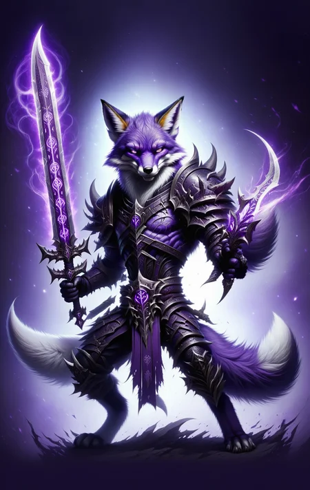 fox, death knight, DonMD34thKn1gh7XL wielding runeblade, purple glowing runes, dual sword, massive <lora:DonMD34thKn1gh7XL-v1.1-000010:0.8>