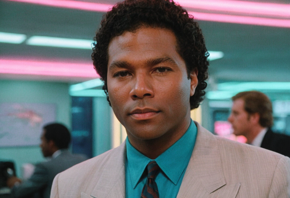 MiamiVice, Rico Tubbs, closeup, office, people, neon lights, indoors, highly detailed, 4K, ((grainy analog 35mm film photo))