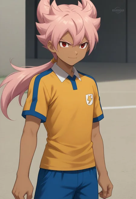 score_9, score_8_up, score_7_up, source_anime, highly detailed,
feirun, 1boy, male focus, solo, pink hair, long hair, red eyes, dark skin, dark-skinned male, blue eyes, sportwear, raimon, raimon soccer uniform, shirt, yellow shirt, short sleeves, shorts, blue shorts, smile, determined, closed mouth,
outdoor,