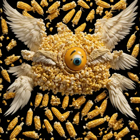 <lora:biblical_angels:0.8>photographic realism,biblicalangellora, integrated,wings, many eyes, rings,buffalo wings and things, dark background,<lora:CornKernelStyle:0.6>corn kernels,popcorn