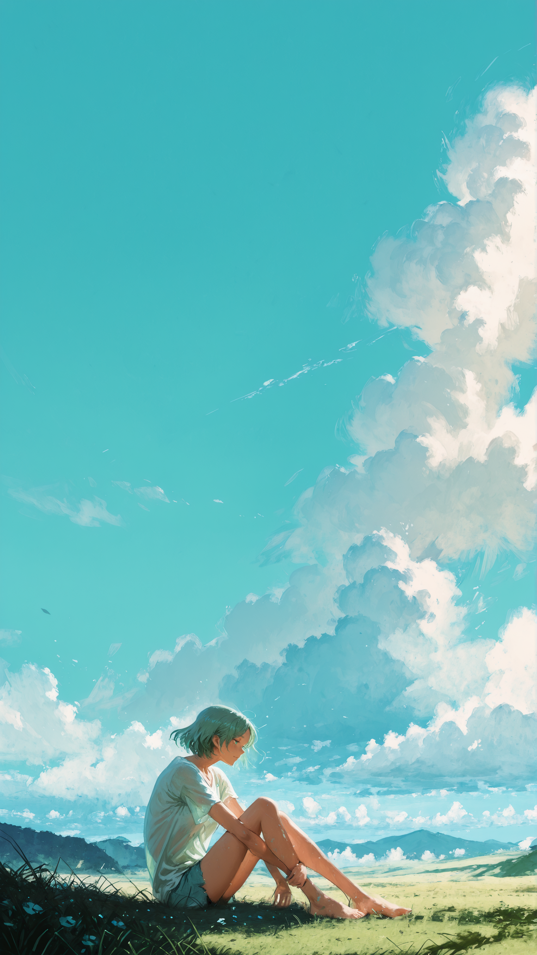 masterpiece, newest,absurdres,incredibly absurdres, best quality, amazing quality, very aesthetic,
1girl, sitting on grassy hill, knees up, arms around legs, gentle wind, loose shirt, bare feet, short hair fluttering, distant mountains, scattered clouds, sky blue theme, moss green hue, soft sunlight, peaceful mood, 
<lora:Face_Enhancer_Illustrious:0.2> <lora:fuyumur4s4ki_style:1> fuyumur4s4ki_illu <lora:BlueFley_Style_-_Illustration:1> by_bluefley