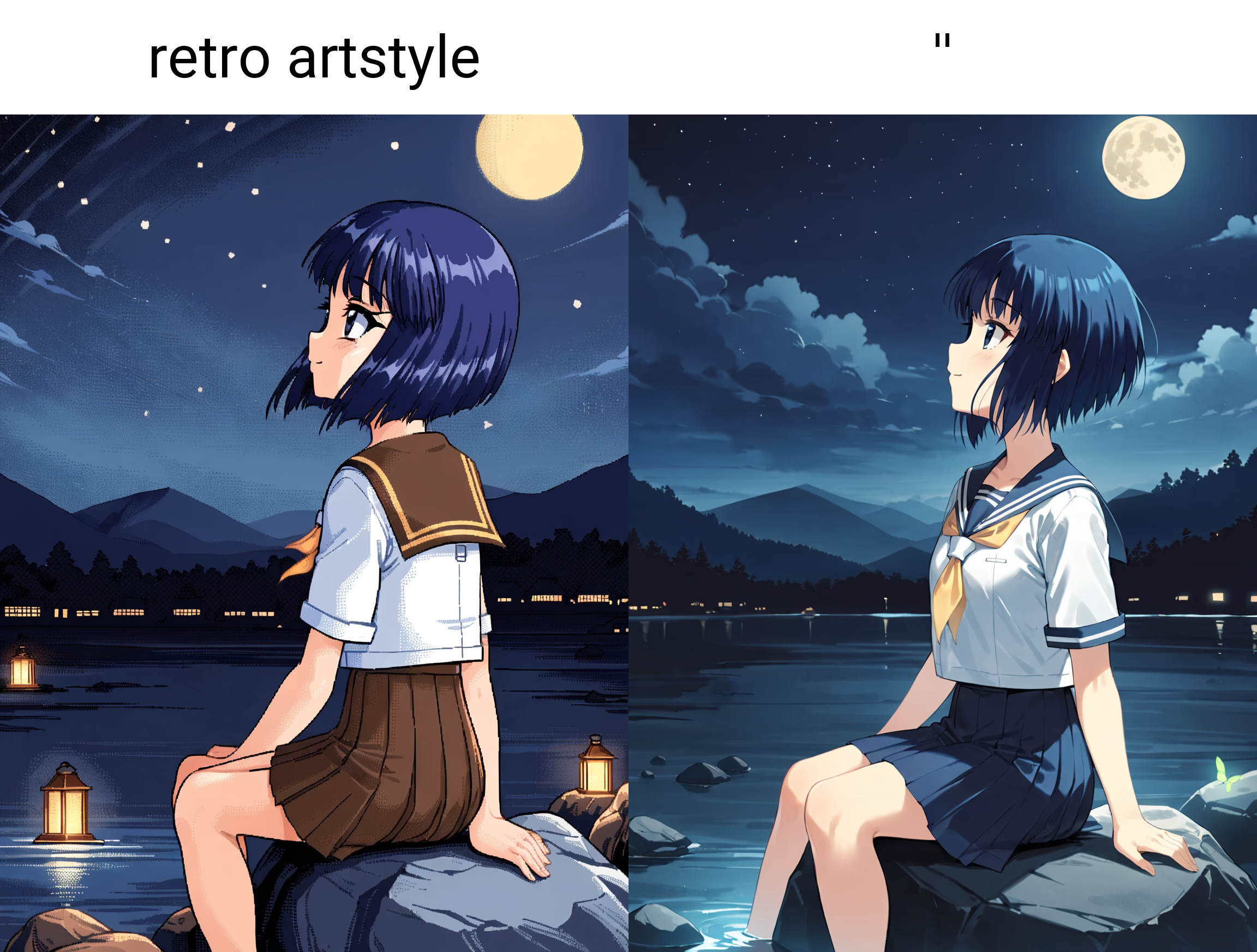 1girl, kaede, kizuato, school uniform, looking up, (liver and rock),
(little smile), (wideshot:1.9),(flying firefly), (from side),
(sitting on rock), (midnight:1.5), (night sky), (outdoor), (windy), small moon,
masterpiece, best quality, very aesthetic, absurdres, latest, retro artstyle
<lora:kaede-xl-v2-000020:0.8>