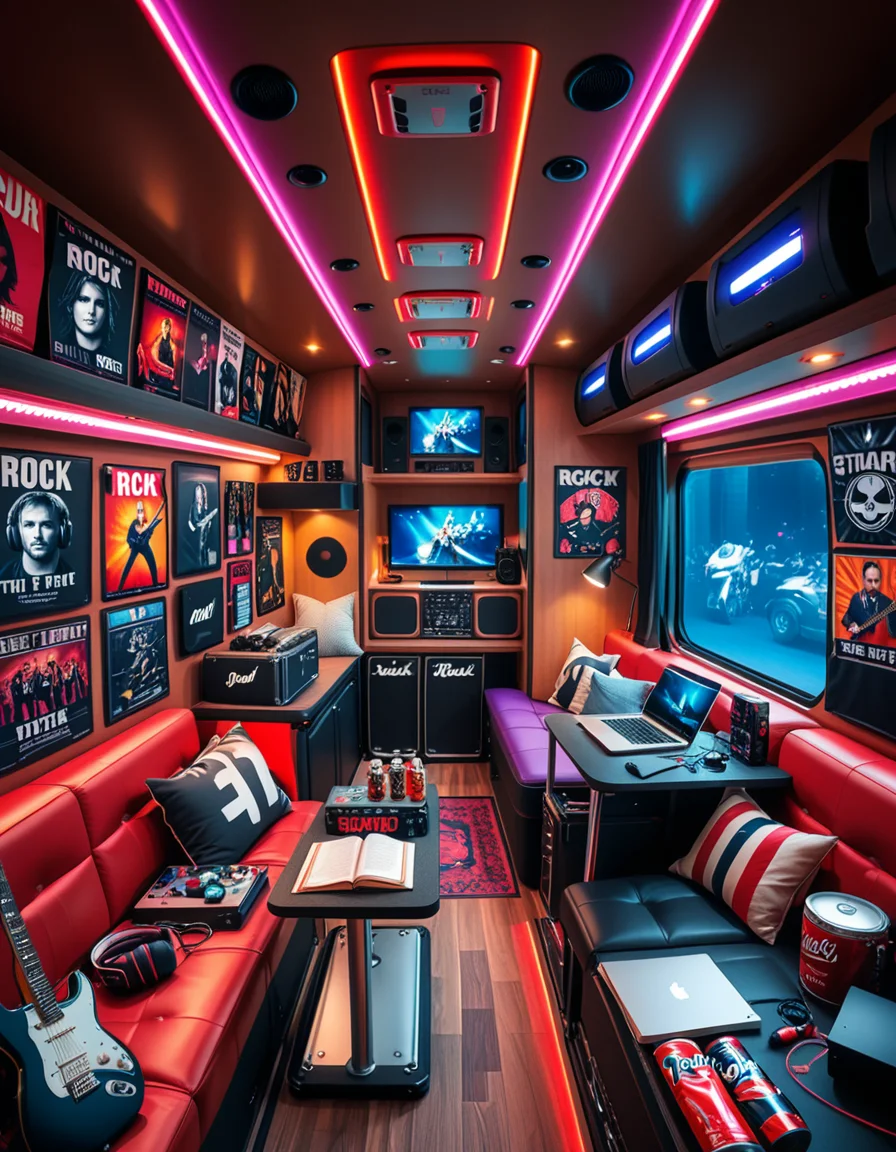 The interior of a modern RV customized for a rock band on tour. The space is stylish and lived-in, filled with musical gear like guitar cases, amps, and a drum pad. Posters of famous rock bands and tour memorabilia cover the walls. There are leather couches, a small kitchenette with snacks and energy drinks, and a cluttered table with laptops, cables, and setlists. A narrow hallway leads to sleeping bunks with personal items like headphones, books, and clothes tossed around. The lighting is warm with LED strips in red and purple tones, giving it a cozy but edgy atmosphere. A small TV displays concert footage, and speakers are mounted on the ceiling. The whole scene feels energetic, artistic, and chaotic in a creative way. Realistic style, rich colors, and highly detailed environment.
<lora:SDXLFaeTastic2400:0.4> <lora:extremely_detailed:0.4> extremely detailed <lora:r0ck_b4nd_rv:1>r0ck b4nd rv, Masterpiece,best quality,hi res,8k,hi res,8k,award winning,(sharp focus, intricate, highly detailed),