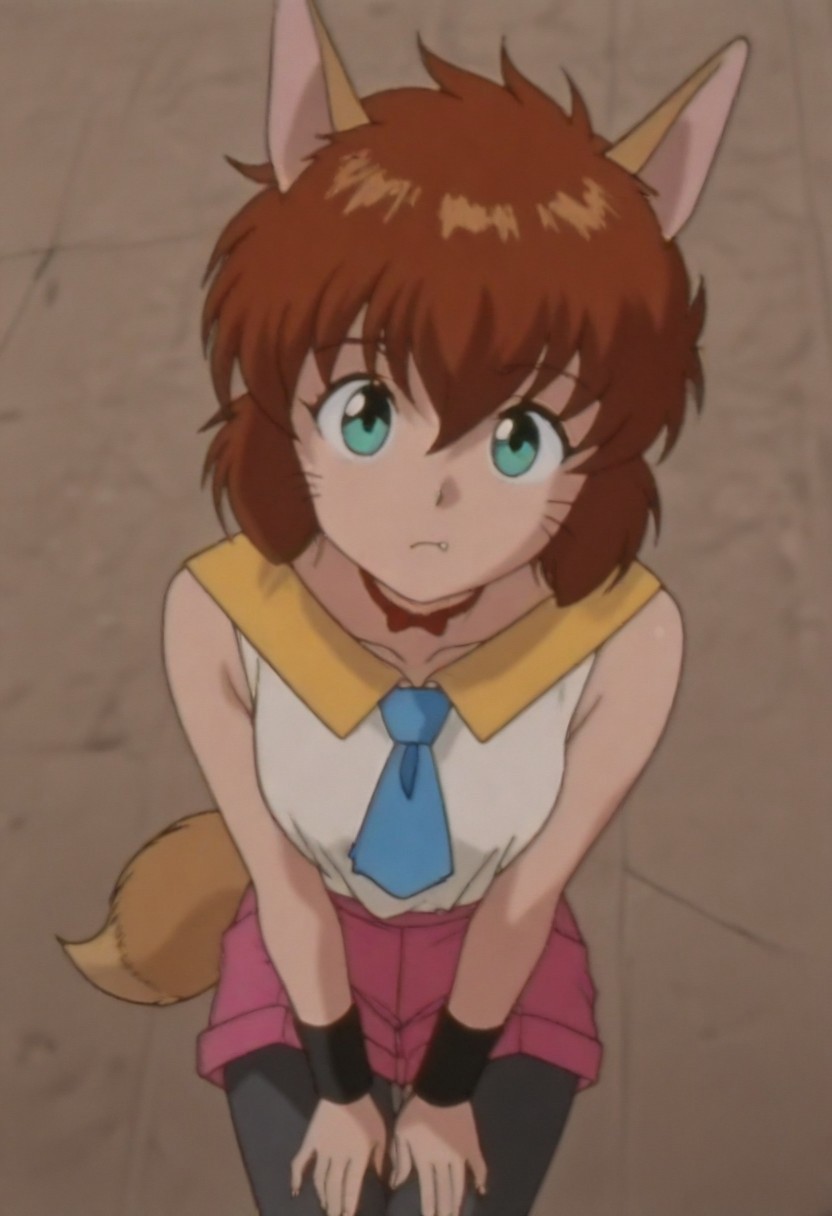 masterpiece, best quality, amazing quality,,, shiny skin,,,,,,,,<lora:koto_ilxl_v1.0:1>,koto,brown hair,green eyes,whiskers,fang out, k_clothes,yellow collar,red ribbon choker,white sleeveless shirt,blue necktie,pink shorts,fox tail,black_pantyhose,k_m,