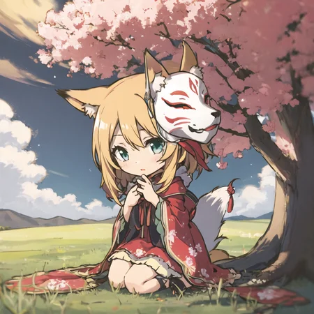 PCR,1girl, chibi,full body, tree, grass, cloud, water, river,fox mask,