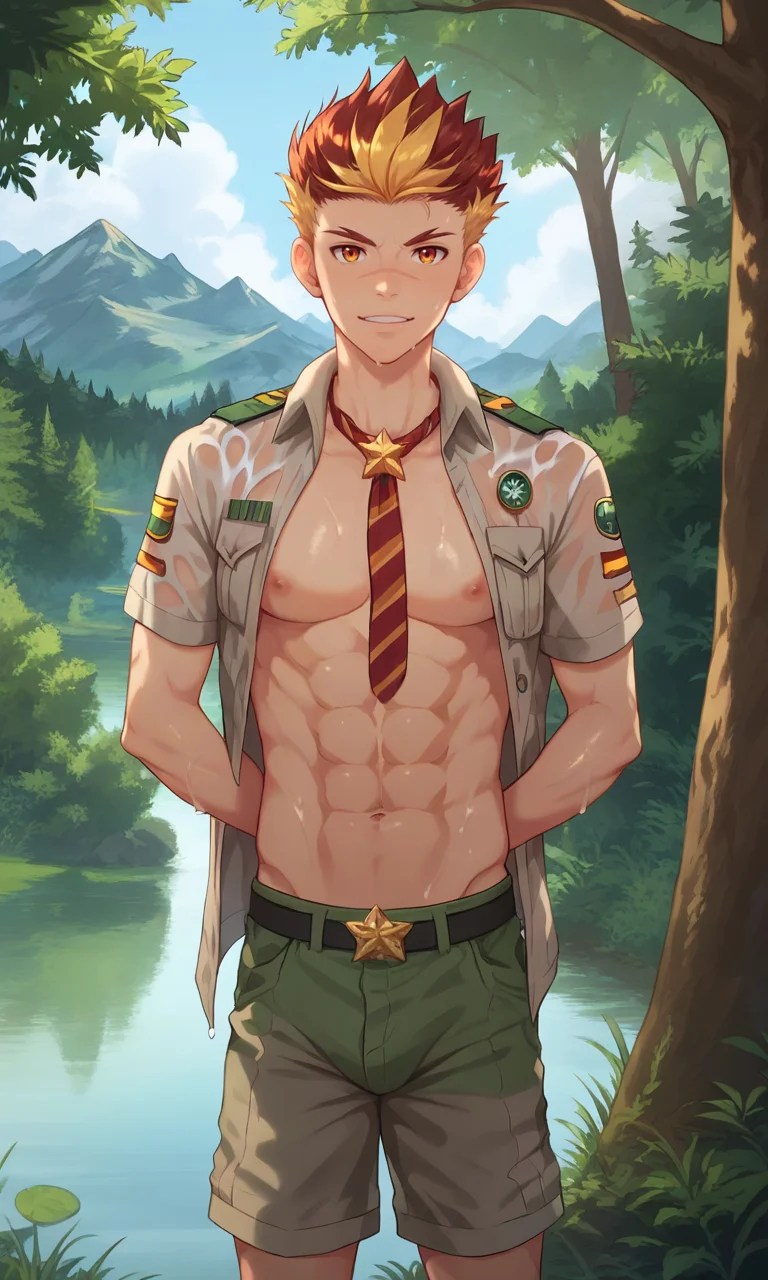 score_9, score_8_up, score_7_up, all in one, masterpiece, best quality, lots of details, dynamic view, ((1boy)), solo, taiga, gray scout uniform, green shorts, open clothes, shirtless, male focus, standing, looking at viewer, shaded, detailed shading, detailed skin, wet clothes, shaded skin, realistic shading, looking at viewer, Expressiveh, countershading:1.1, forest, lake, tree, outdoors, <lora:add-detail-xl:0.7>, <lora:Smooth Anime 2 Style SDXL_LoRA_Pony Diffusion V6 XL:0.8>, <lora:Expressive_H:0.7>, <lora:Taiga_XL_V10:0.9>