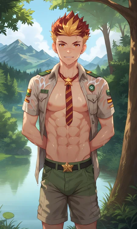 score_9, score_8_up, score_7_up, all in one, masterpiece, best quality, lots of details, dynamic view, ((1boy)), solo, taiga, gray scout uniform, green shorts, open clothes, shirtless, male focus, standing, looking at viewer, shaded, detailed shading, detailed skin, wet clothes, shaded skin, realistic shading, looking at viewer, Expressiveh, countershading:1.1, forest, lake, tree, outdoors, <lora:add-detail-xl:0.7>, <lora:Smooth Anime 2 Style SDXL_LoRA_Pony Diffusion V6 XL:0.8>, <lora:Expressive_H:0.7>, <lora:Taiga_XL_V10:0.9>