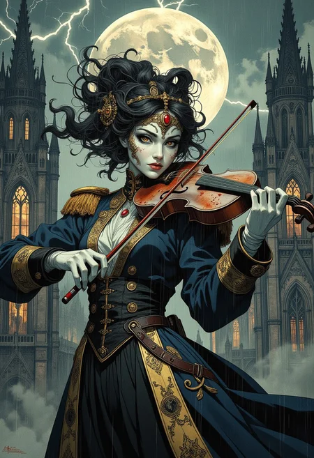 A mysterious violinist with an elegant yet unsettling presence, wearing a pristine white mask adorned with gold filigree and a crimson gemstone at the forehead. Wisps of dark ethereal smoke flow from the mask’s edges, dissolving into the air. Their attire is a regal navy-blue military coat with golden epaulettes, ornate embroidery, and intricate metallic embellishments, paired with white gloves and a corset-like waist design. The musician’s left hand grips a worn, blackened violin with red-stained scratches across its surface, while the right hand elegantly wields a finely crafted bow. Their posture is poised yet intense, lost in the haunting melody. The backdrop features a grand, rain-drenched castle, its gothic spires piercing the stormy sky. Sheets of rain cascade down, reflecting pale moonlight, while distant lightning briefly illuminates the intricate stonework and towering stained-glass windows. The castle's looming silhouette, framed by mist and heavy rain, contrasts against the violinist’s vivid presence. Cinematic composition, slight low-angle shot, dramatic lighting emphasizing texture and depth.