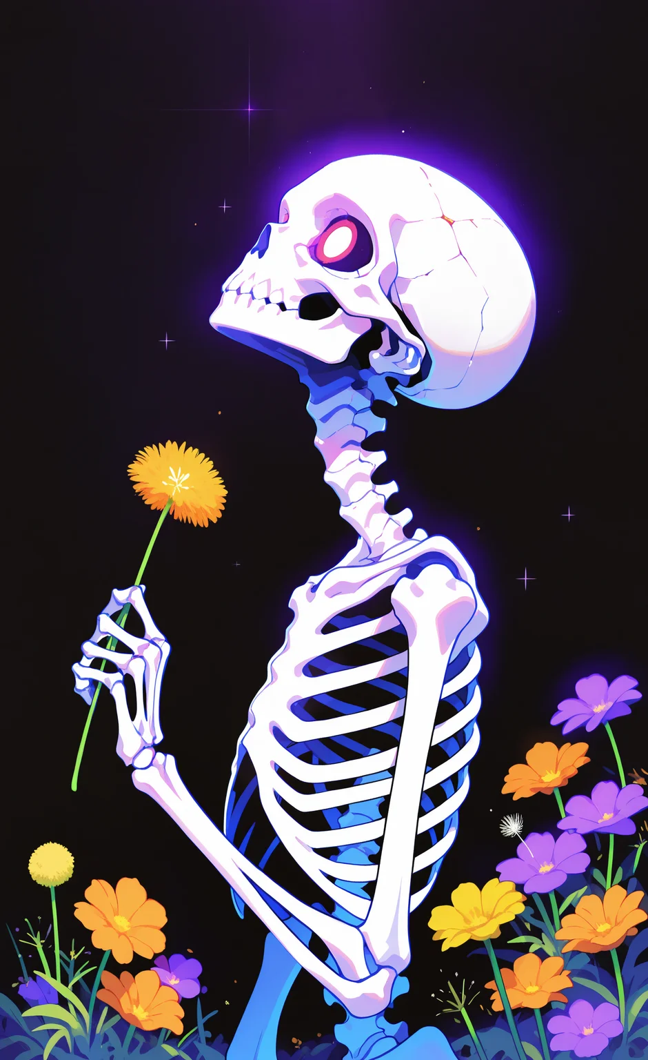 masterpiece,best quality,amazing quality,solo, holding, flower, from side, no humans, 1other, skull, yellow flower, purple flower, holding flower, skeleton, orange flower, dandelion, undead,looking up, <lora:ponyv6_noobE11_2_adamW-000017:0.3> <lora:MeMaXL4:0.8> <lora:114558v4df2fsdf5:1> <lora:checkpoint-e18_s306:1.2> <lora:haiz_ai_illu:0.7>