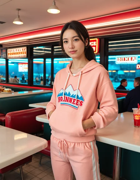 Stable_Yogis_PDXL_Positives2, <lora:Realism_Lora_By_Stable_Yogi_Pony_V1.:0.8> realism, realistic, real life, photorealistic, detailed,, ( vintage diner with neon lights :1.2) ( Sweatshirt and Sweatpants :1.2 ), ( quaint mountain lodge :1.2) ( Crossover Neck Dress :1.2 )