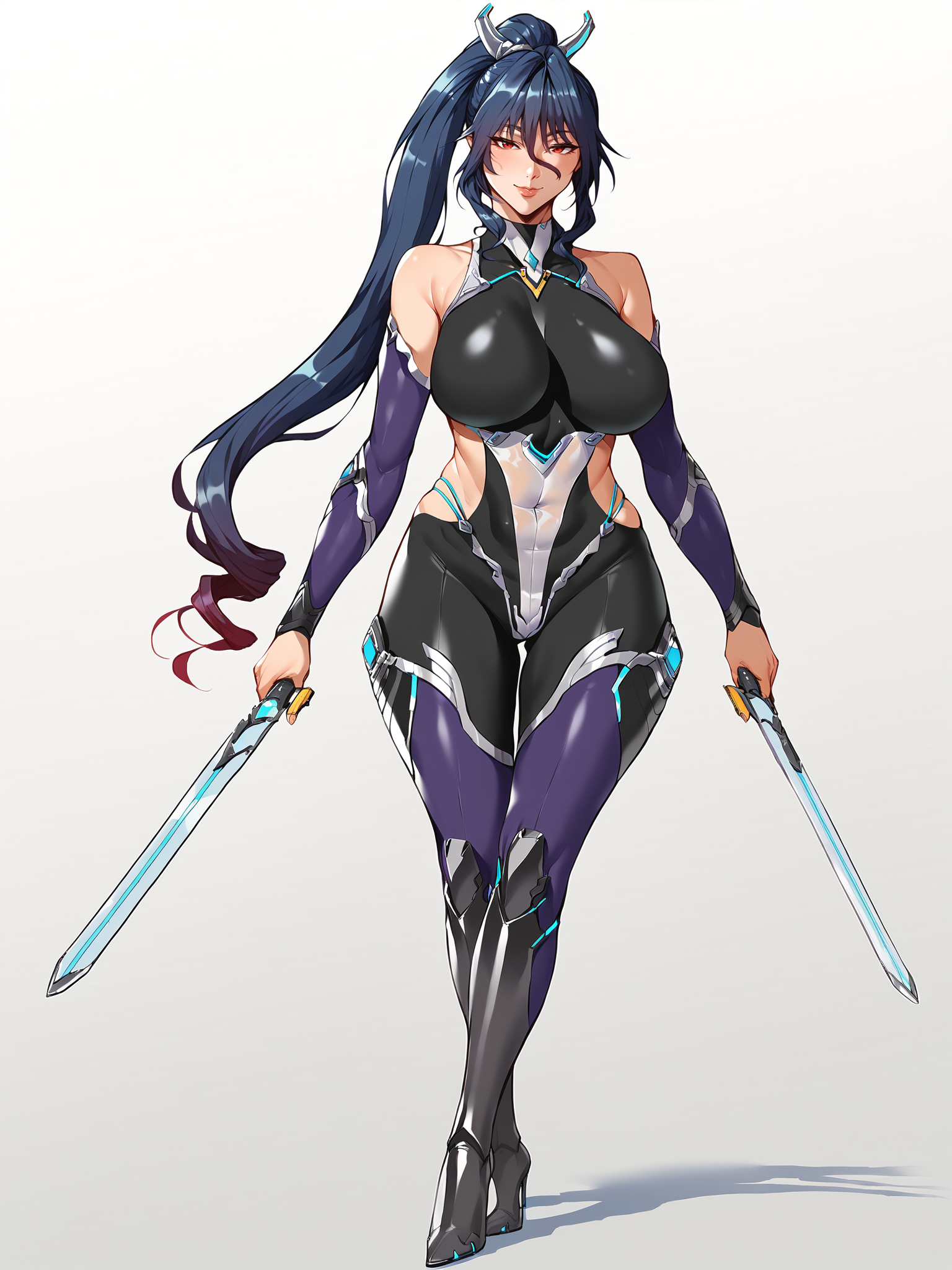score_9, score_8_up, score_7_up, score_6_up, score_5_up, source_anime,  BREAK
Uehara Rin is holding sword, dual wielding, 
1girl, mature female, full body, solo,
looking at viewer, confident, smile,
blue hair, long hair, hair between eyes, gradient hair, high ponytail, hair metal tie, red eyes,
black bodysuit, taimanin leotard,  detached sleeves, fishnets, purple thighhighs, high heel boots, 
curvy, large breasts, thighs,
white background,
 <lora:UeharaRin3216XL:1>