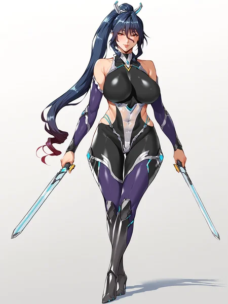 score_9, score_8_up, score_7_up, score_6_up, score_5_up, source_anime, BREAK
Uehara Rin is holding sword, dual wielding,
1girl, mature female, full body, solo,
looking at viewer, confident, smile,
blue hair, long hair, hair between eyes, gradient hair, high ponytail, hair metal tie, red eyes,
black bodysuit, taimanin leotard, detached sleeves, fishnets, purple thighhighs, high heel boots,
curvy, large breasts, thighs,
white background,
<lora:UeharaRin3216XL:1>